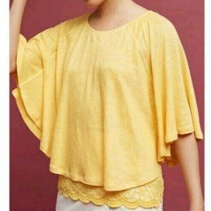 Anthropologie Akemi Kin Women’s 100% Linen Lace Cape Poncho Top Yellow Size XS